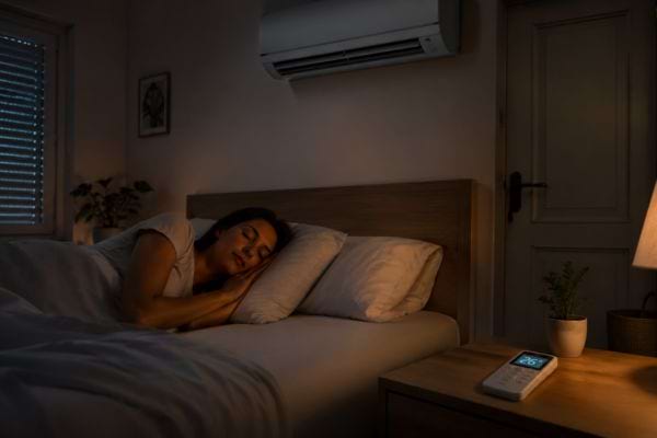 Homme nettoyant le filtre d&rsquo;une clim dans une chambre aux volets ferm&eacute;s.