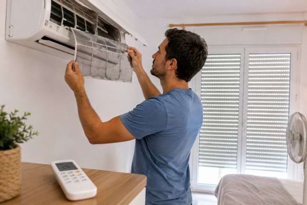 Femme dormant paisiblement avec une clim r&eacute;gl&eacute;e &agrave; 26&deg;C dans une chambre fra&icirc;che.