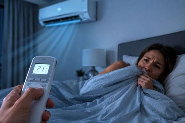 T&eacute;l&eacute;commande de clim r&eacute;gl&eacute;e &agrave; 21&deg;C face &agrave; une femme qui a froid dans son lit.