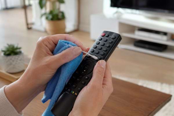 Nettoyage précis d’une télécommande avec un chiffon microfibre et un coton-tige entre les boutons