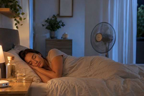 Femme dormant paisiblement avec un ventilateur plac&eacute; &agrave; distance et un verre d&rsquo;eau pr&egrave;s du lit.