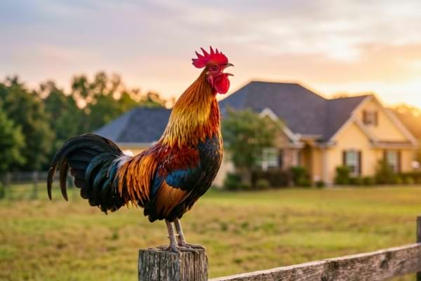 un beau coq au plumage brillant chantant sur une clôture en bois