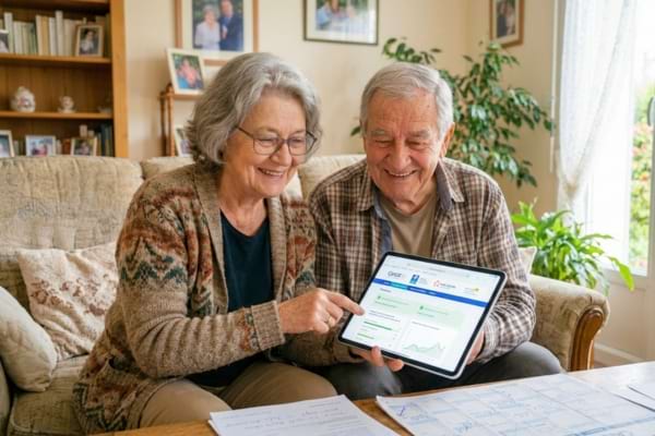 a smiling senior couple looking at a digital tablet together