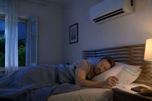 Homme endormi sous la clim avec une facture d&rsquo;&eacute;lectricit&eacute; sur la table de nuit.