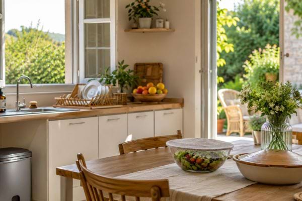 Cuisine propre et lumineuse avec plats couverts, poubelle ferm&eacute;e et fen&ecirc;tre ouverte