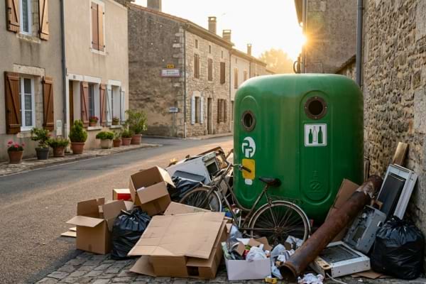 a messy pile of garbage, cardboard boxes, and scrap metal dumped illegally next to a green glass recycling