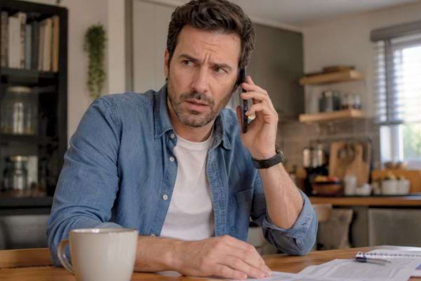 Homme au téléphone, préoccupé par une conversation suspecte.