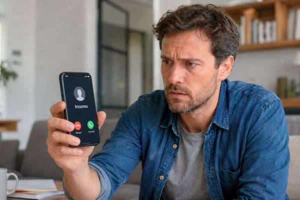 Homme inquiet face à un appel inconnu affiché sur son téléphone.