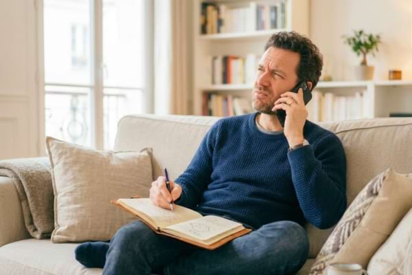 un homme confortablement installé dans un canapé, mimant une grande réflexion au téléphone.