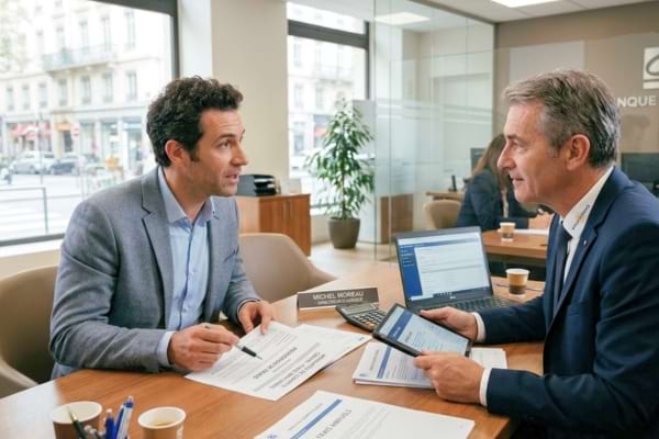 un homme en face de son banquier