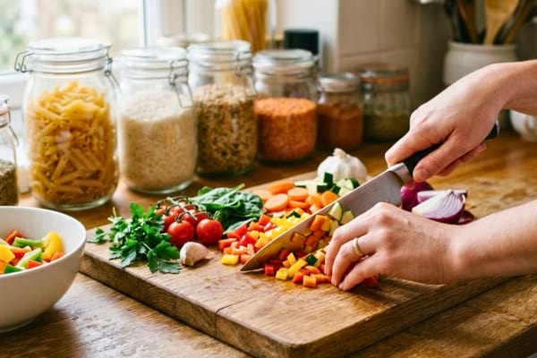 des mains pr&eacute;parant des l&eacute;gumes frais color&eacute;s sur une planche &agrave; d&eacute;couper en bois dans une cuisine