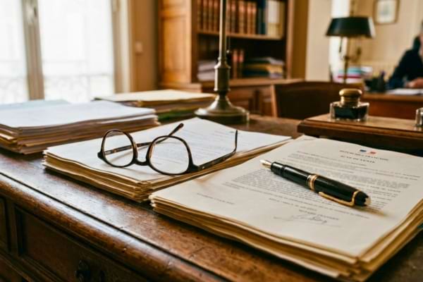 un bureau en bois massif avec des documents juridiques floutés, une paire de lunettes de vue et un stylo plume