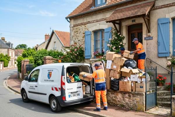 a small municipal truck parked in front of a typical French house