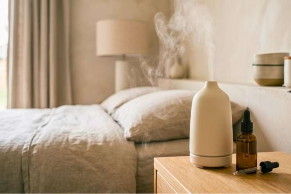 n &eacute;l&eacute;gant diffuseur d'huiles essentielles en c&eacute;ramique d&eacute;gageant une fine brume apaisante