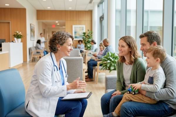 m&eacute;decin bienveillant en blouse blanche discutant doucement avec une famille dans une salle d'attente