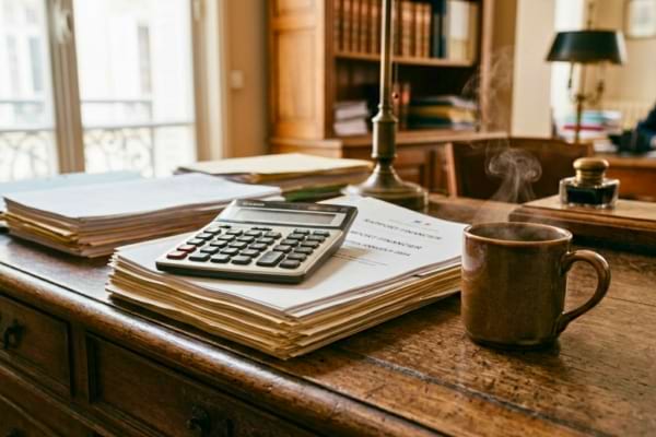 une calculatrice posée sur des dossiers financiers à côté d'une tasse de café fumante.