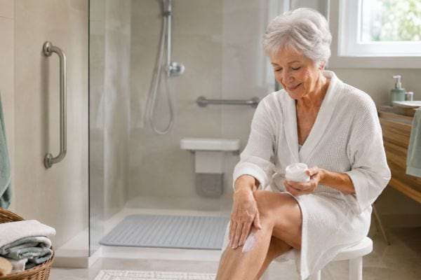 Femme senior appliquant une crème hydratante sur sa jambe dans une salle de bain sécurisée avec barre d’appui.