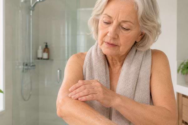 Femme senior observant la peau sèche de son bras après la douche dans une salle de bain lumineuse.
