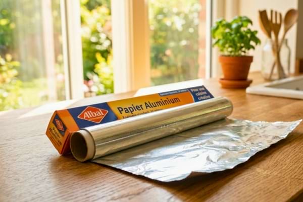 a shiny roll of aluminum foil resting on a modern wooden kitchen counter