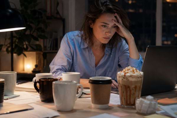 Femme fatiguée devant son ordinateur, entourée de plusieurs cafés et d’une boisson sucrée.