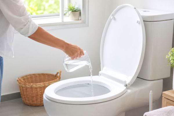 Vinaigre blanc versé dans des toilettes propres pour prévenir les traces.