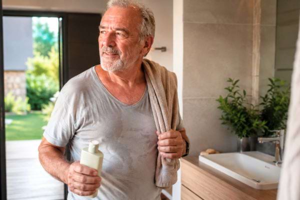 Homme senior légèrement transpirant tenant un produit lavant doux après une activité par temps chaud.