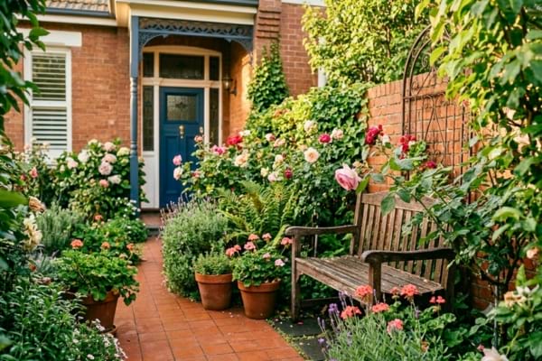 petit jardin urbain luxuriant et magnifiquement entretenu, rempli de plantes vertes,