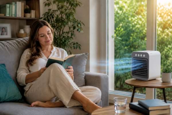 A person relaxing comfortably on a sofa in a cool living room during summer, reading a book. A small portable air cooler on a side table