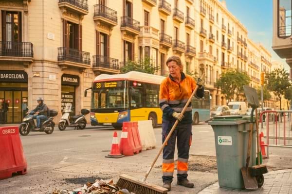 Une femme qui balaie une rue sous le soleil