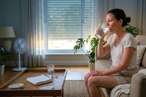 Une personne assise sur un canapé boit un grand verre d'eau fraîche