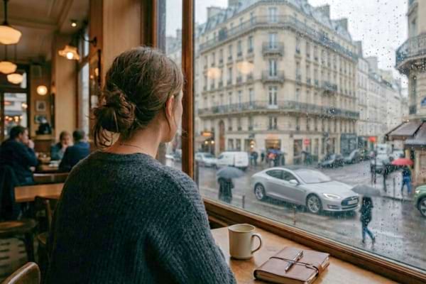une femme pensive et mélancolique regardant par la fenêtre un jour de pluie