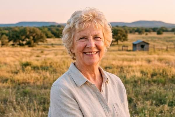 une femme de 70 ans souriante, cheveux gris 