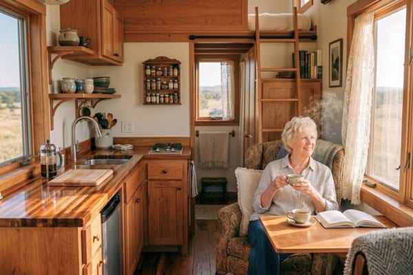 'int&eacute;rieur cosy et lumineux d'une tiny house.