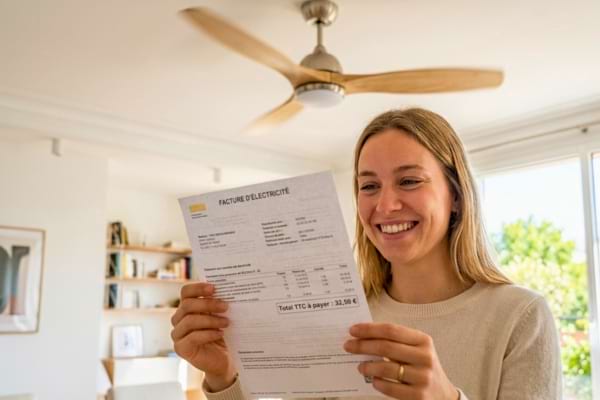 une personne souriante tenant une facture d'électricité au montant très bas dans ses mains