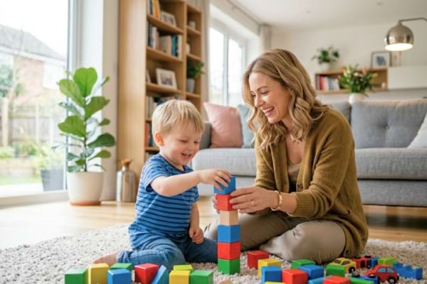 Une mère souriante jouant aux cubes avec son petit-fils dans un salon moderne.