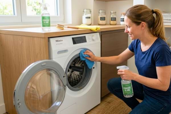 Une femme nettoie un lave linge au vinaigre blanc