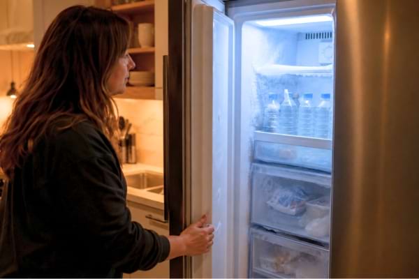 Une personne ouvre la porte d'un congélateur familial