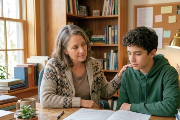 Un parent et un adolescent sont assis côte à côte, regardant ensemble un document