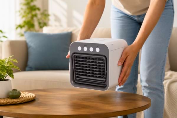 une personne tenant un climatiseur à la main pour le poser sur une table de salon