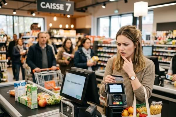 une personne &agrave; la caisse d'un supermarch&eacute; moderne, regardant un terminal de paiement