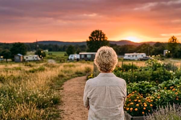 une femme &acirc;g&eacute;e de dos, marchant paisiblement sur un chemin de terre au coucher du soleil