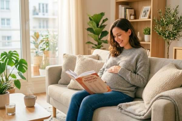 ne jeune femme enceinte souriante, regardant un livre de prénoms dans un salon lumineux