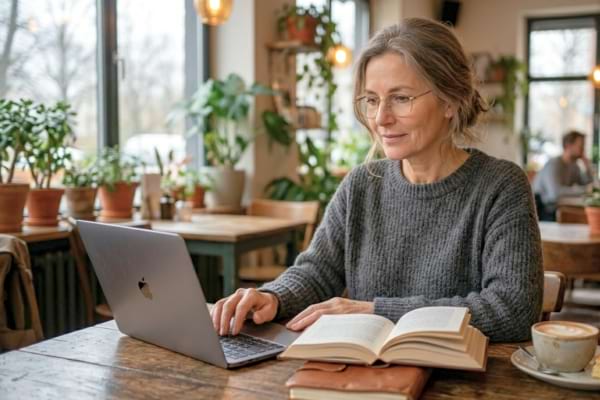 Une femme d'une cinquantaine d'ann&eacute;es, sereine et concentr&eacute;e, lit un livre 