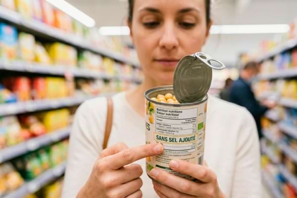 une personne lisant l'étiquette nutritionnelle d'une boîte de conserve dans une allée de supermarché
