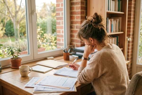 une personne de dos, assise &agrave; un bureau en bois, consultant des documents administratifs 