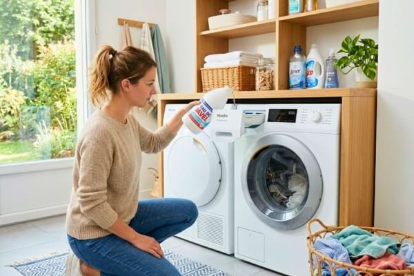 Une personne verse délicatement de l'eau de javel dans le bac à détergent d'un lave-linge