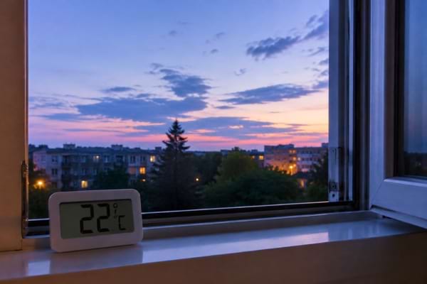 Un thermom&egrave;tre digital pos&eacute; sur le rebord de la fen&ecirc;tre