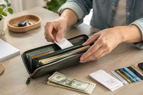 Portefeuille rangé avec billets, cartes et reçus triés sur une table