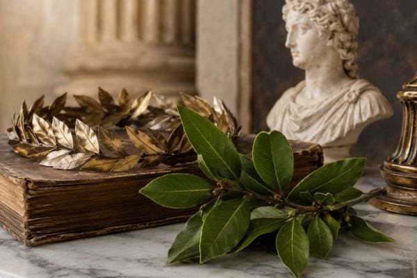 Feuilles de laurier posées près d’un vieux livre et d’un buste antique