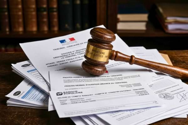 n lourd marteau de juge en bois posé sur des liasses de documents officiels